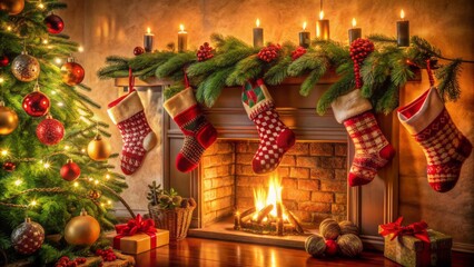 Cozy festive fireplace scene with decorative Christmas stockings hung by chimney with care, surrounded by evergreen branches candles.