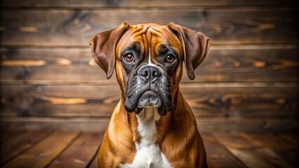 Fototapeta premium A handsome chestnut brown German Boxer dog breed with floppy ears and a shiny coat posing on a wooden floor.