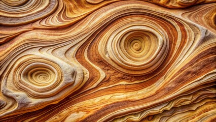 Natural abstract background featuring intricate swirling patterns of beige and reddish-brown hues on weathered sandstone texture surface.