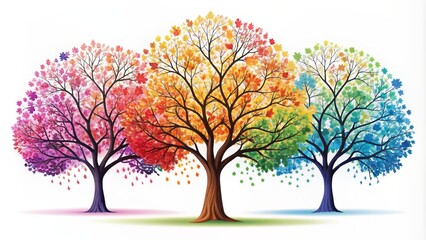 Collection of vibrant graphic tree illustrations standing alone on pure white background in a clean minimalist arrangement nature design.