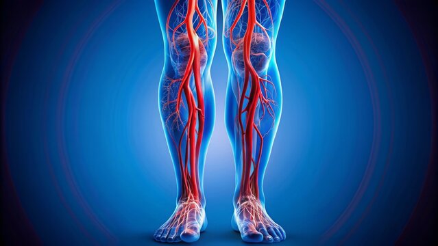 Anatomical illustration of the leg's deep vein thrombosis showing disrupted blood flow and clot formation in a colorful, detailed diagram.