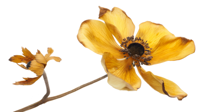 A yello w flower with brown stems and leaves isolated on a white background