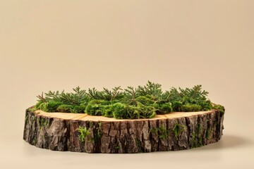 Luxury old wooden cut, bark tree pedestal podium with green moss composition on beige background product display for organic eco cosmetic and skin care with generative ai