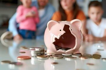 Broken piggy bank with worried family in background discussing finances, concept of insufficient emergency fund