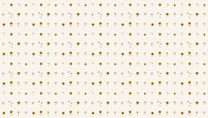 A pattern that features small flowers in grids in light colors on white linen fabric, each grid contains one sunflower from various varieties, the grid is pink dotted lines