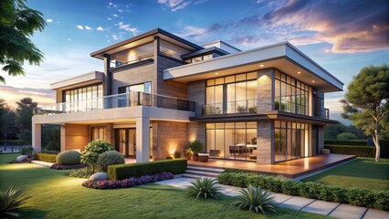 Fototapeta premium Modern luxurious duplex house 3D rendering with elegant facade, manicured lawn, and serene surrounding landscape under bright blue sky.