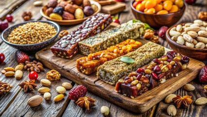Fototapeta premium Array of colorful energy bars, nuts, and dried fruits arranged artfully on a wooden table against a blurred natural background.