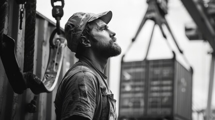 Black and white photo of a bearded industrial worker in a hard hat, looking up at a crane lifting a shipping container.