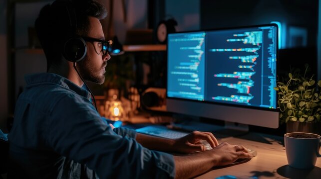 Attractive professional software developer coding program or engineering prompt. Skilled programmer typing computer and laptop while developing system with blurring background. Technology. AIG42.