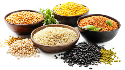 Various raw legumes and rice in bowls isolated on a transparent background
