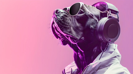 Fantastical hybrid dog character wearing sunglasses headphones and a white jacket set against a vibrant abstract pink and purple background giving the impression of a futuristic surreal
