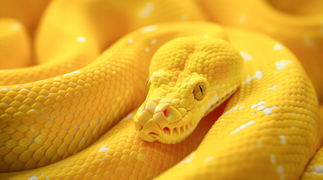 Captivating image of a beautiful yellow python coiled in a striking pattern showing its vibrant scales and captivating eye  This exotic reptile is a stunning example of nature s beauty and power