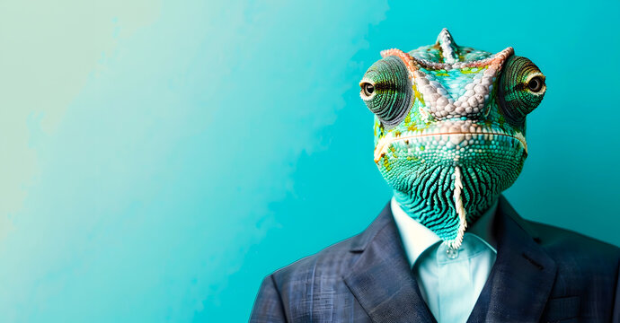 Captivating portrait of a chameleon wearing a sharp business suit and stylish sunglasses against a formal wide screen background with copy space