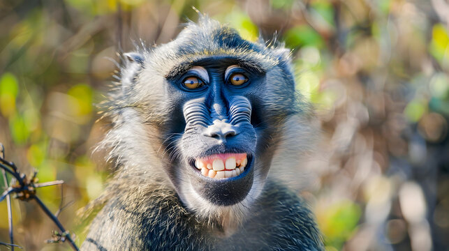 Closeup portrait of a mischievous baboon with a wide comical grin on its face captured in its natural habitat of the African forest or savanna