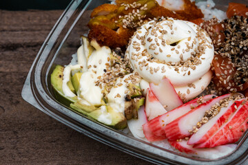 Sushi roll with salmon rice fried sweet potato cheese seaweed delivery