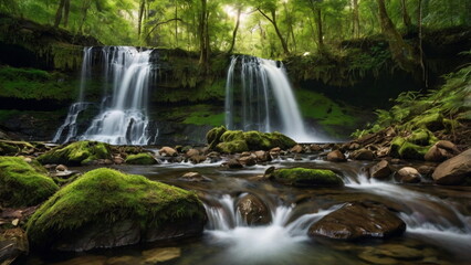 The landscape with a waterfall in a dense forest is very beautiful and amazing