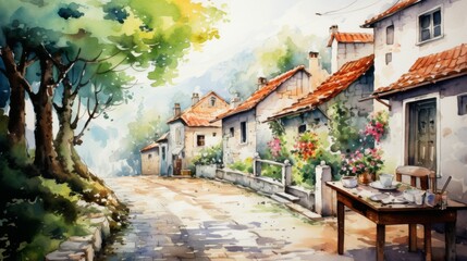 Serene Spring Scenes in a Charming Village: Cobblestone Streets and Watercolor Beauty