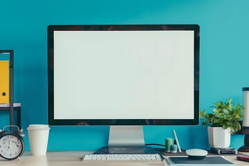 Cyan background enhancing an artist's graphic monitor with a detailed blank screen for creative use.