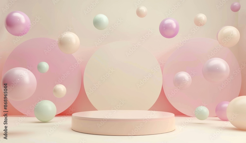 Poster minimalistic studio backdrop with floating pastel-colored spheres in soft ambient lighting