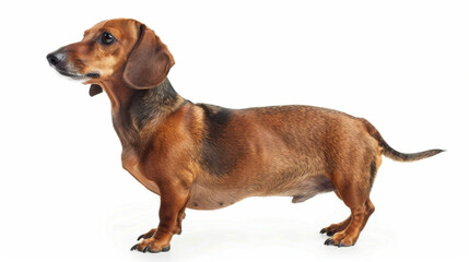 A small brown and black dog is standing on a white background side view