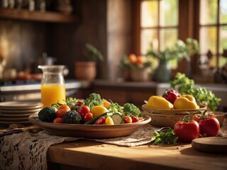 Warm earthy backdrop, featuring a plate that's half-filled with a vibrant, colorful medley of farm-fresh vegetables