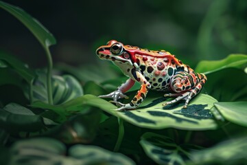 Obraz premium Full body view of Northern Leopard Frog on leave in natural habitat, full body shot, full body View