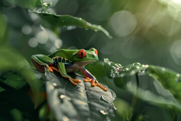 Naklejka premium Full body view of Red-eyed Tree Frog on leave in natural habitat, full body shot, full body View
