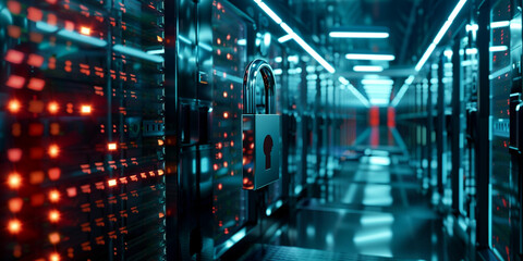 A captivating image of a long hallway illuminated by rows of alternating red and blue lights A futuristic data center with glowing servers 