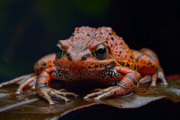 Mystic portrait of African Clawed Frog on leave, full body view, isolated on black background