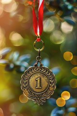 Gold medal, number one laurel wreath on red ribbon, golden and green bokeh background. Champion first place winner