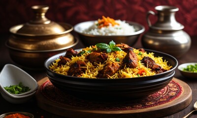 Eastern food, pilaf, meat, rice, spices. Islam. Muslims. Feast. Eid, Islamic new year. Banner, poster. Copy space