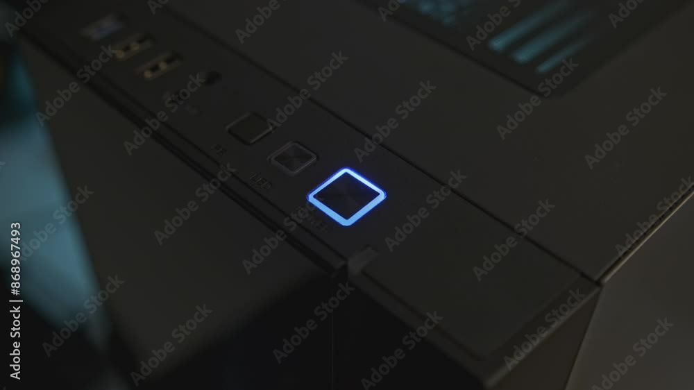 Poster close-up of man pressing computer start button. clip. man turns on modern computer. gaming professio