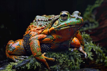 Mystic portrait of Goliath Frog on leave, full body view, full body shot, isolated on black background