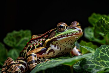 Obraz premium Mystic portrait of Northern Leopard Frog on leave, full body view, full body shot, isolated on black background