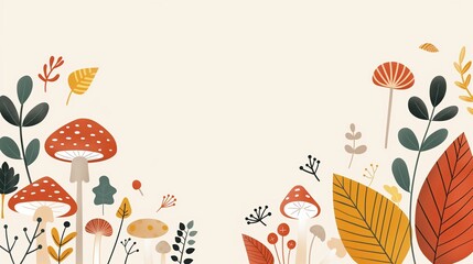 Autumn border with mushrooms and leaves, flat design illustration