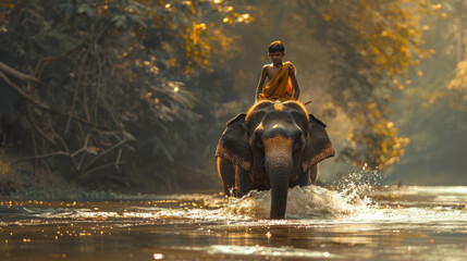 A young mahout riding on the back of an elephant, both moving gracefully through a river
