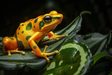 Fototapeta premium Mystic portrait of Panamanian Golden Frog on leave, full body view, full body shot, isolated on black background