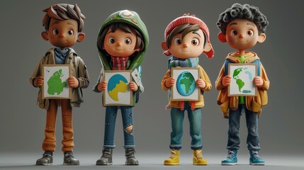 3D cartoon characters holding Earth Day posters variety, encouraging environmental protection and awareness on a gray background