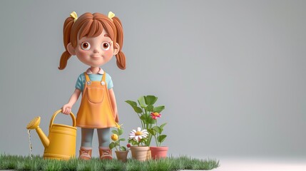 3D cartoon girl with a water can, teaching kids about the importance of watering plants on a gray background.
