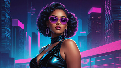 A woman in a black dress with purple sunglasses and a purple necklace