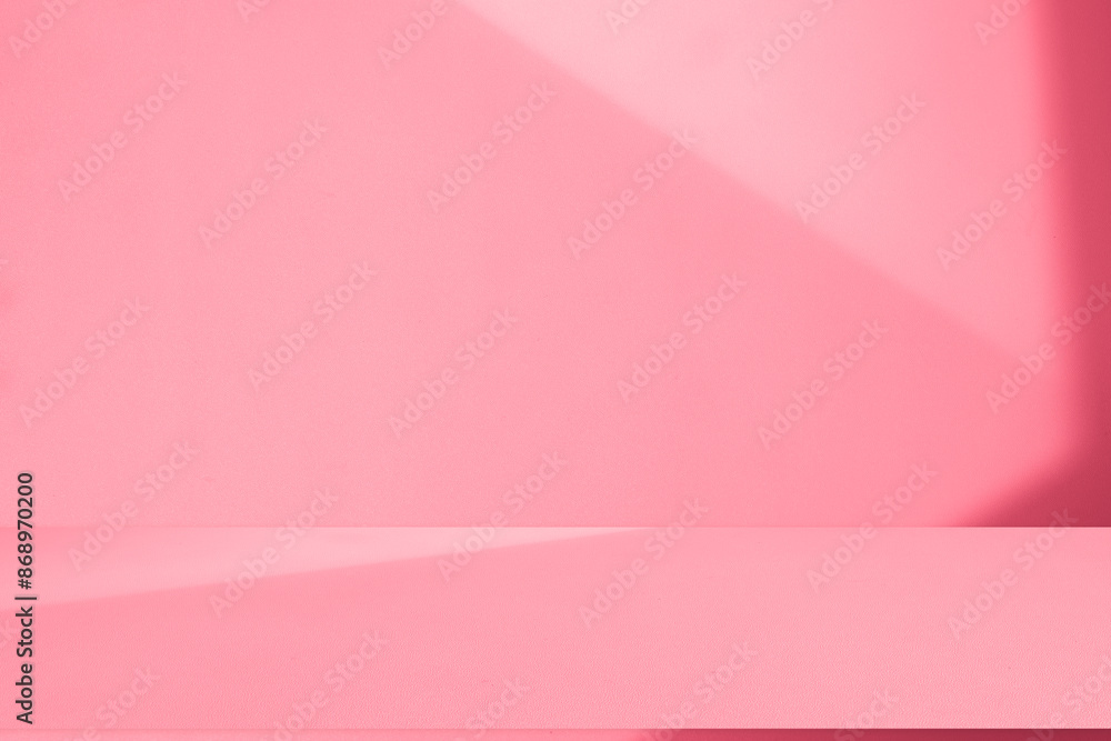 Poster wall interior background, studio and backdrops show products.with shadow from window color pink. bac