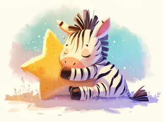 cute little zebra sleeps at night and hugs shining yellow star, dreaming animal baby, eyes closed, watercolor children's illustration