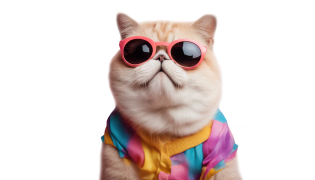 Stylish cat wearing colorful outfit and sunglasses isolate on transparent background, cutout, png