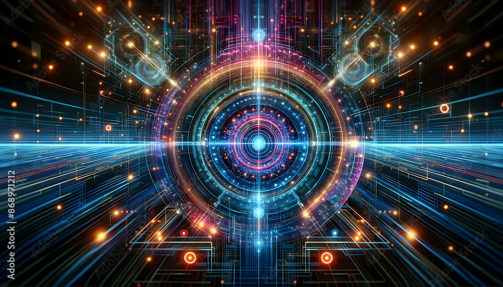 Poster a glowing circular portal pulsates with energy amidst a network of circuits and light trails, offeri