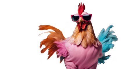 Stylish chicken with colorful feathers wearing sunglasses isolate on transparent background, cutout, png