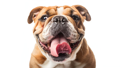 Fototapeta premium English Bulldog, Female standing against White Background,Funny photo of Bulldog breed dog sticking tongue out,adorable lying brown and white english bulldog with tongue exposed looks to side 