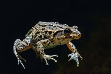 Fototapeta premium the beside view African Clawed Frog, left side view, white copy space on right, isolated on black background