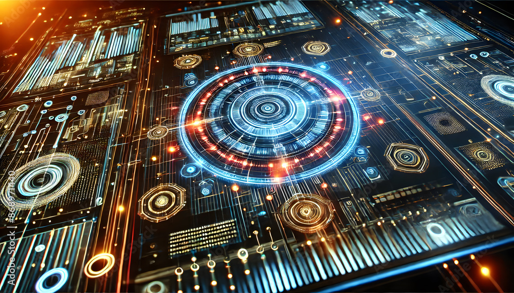 Poster a futuristic digital interface with a glowing central circle, surrounded by intricate circuits and d