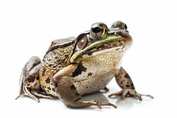 Naklejka premium the beside view American Bullfrog, left side view, white copy space on right, dutch angle view, isolated on white background