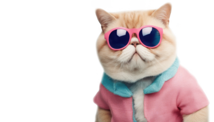 Stylish cat wearing sunglasses and a colorful outfit, exuding cool vibes, isolate on transparent background, cutout, png
